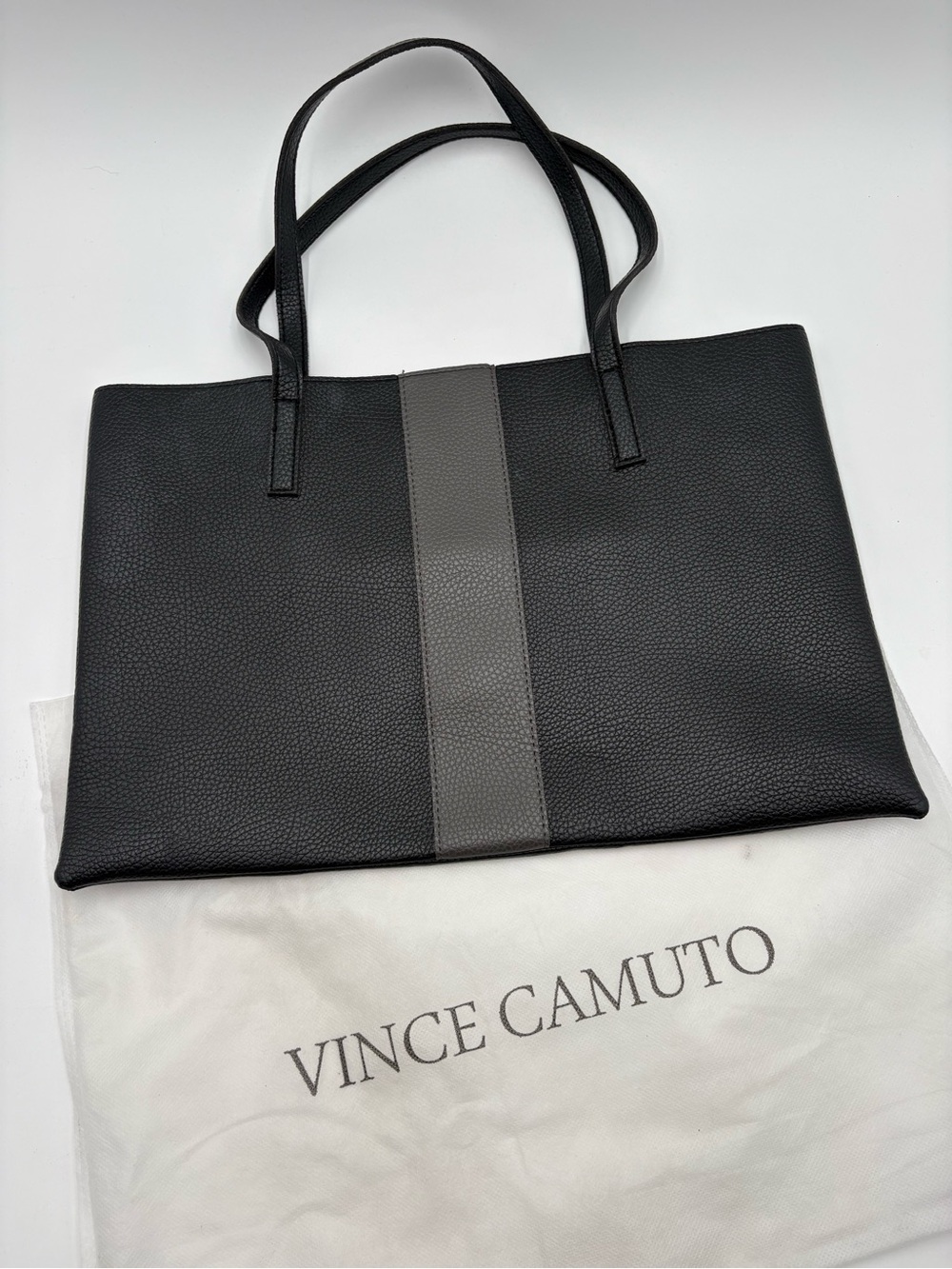 Vince Camuto Black Tote‎ with Gray Center Stripe Pebbled Vegan Leather
